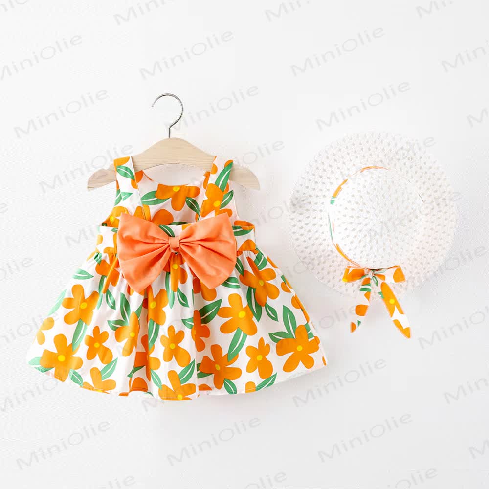 Vestitino senza maniche con fiocco floreale e cappellino per bambina - Arancia - 2-3T - image 3