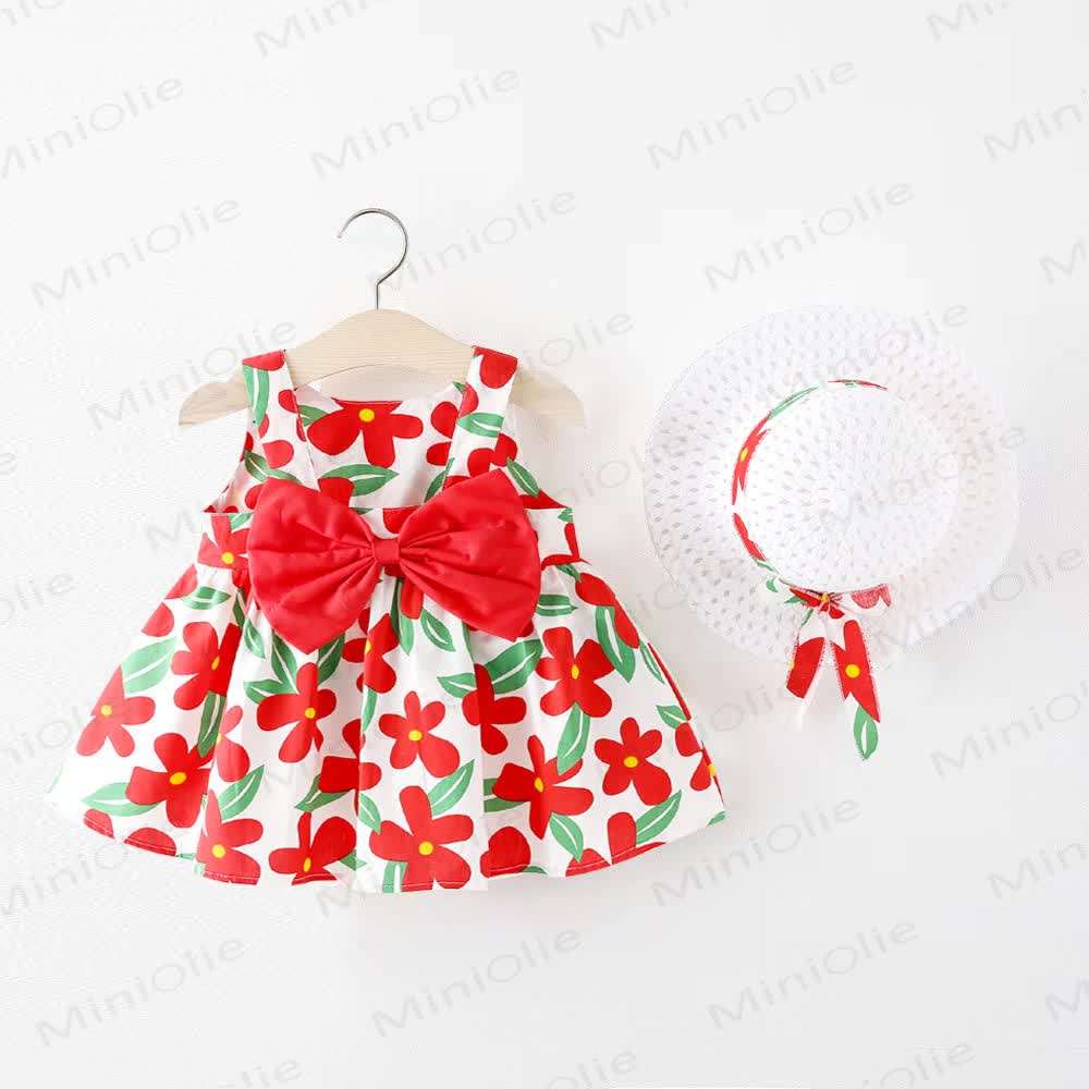 Vestitino senza maniche con fiocco floreale e cappellino per bambina - Rosso - 2-3T - image 2