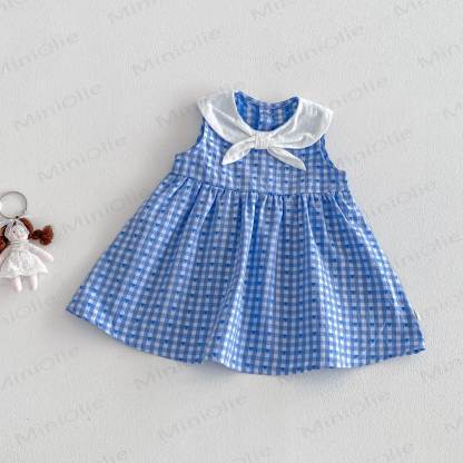 Vestito da bambina a quadretti con colletto alla marinara, gilet con fiocco o gonna a quadretti - Abito blu - 4-5T - image 2