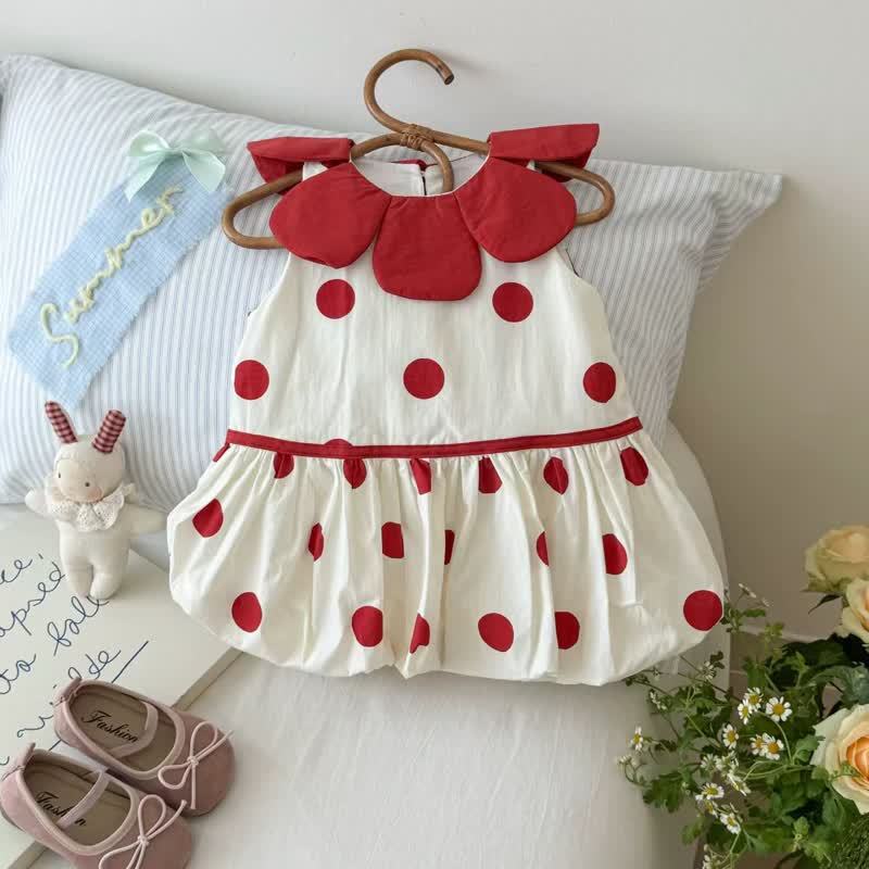 Vestito da bambina a pois rossi con colletto a petalo - image 3