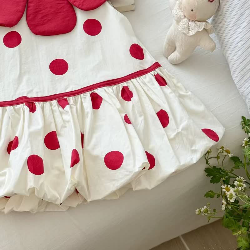 Vestito da bambina a pois rossi con colletto a petalo - image 4