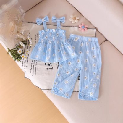 Completo da bambina composto da top con spalline sottili e pantaloni, blu e rosa, due pezzi. - Margherita blu - 2-3 anni - image 1