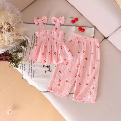 Completo da bambina composto da top con spalline sottili e pantaloni, blu e rosa, due pezzi. - Ciliegia rosa - 2-3 anni - image 2