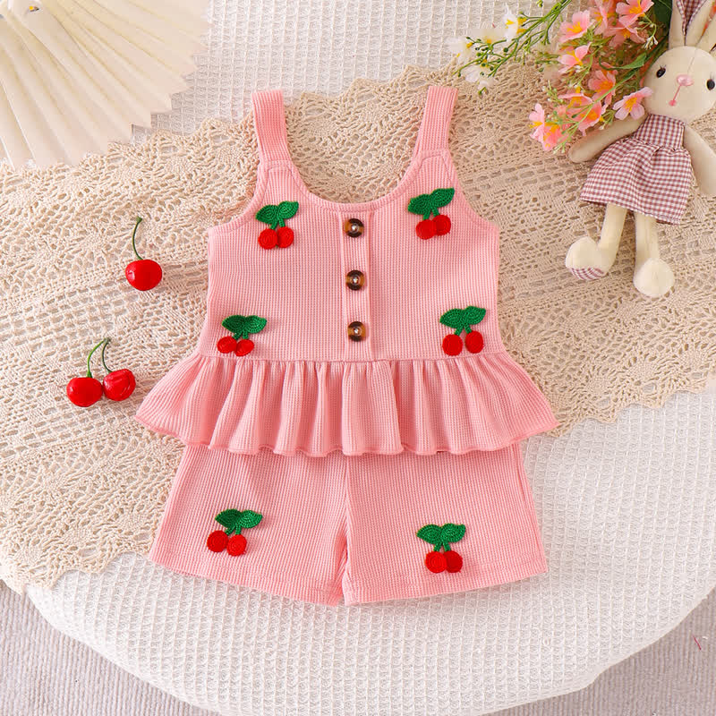 Completo da bambina composto da maglietta a maniche corte con spalline a nido d'ape e pantaloncini rosa con stampa floreale/ciliegia. - Ciliegia rosa - 3-4 anni - image 3