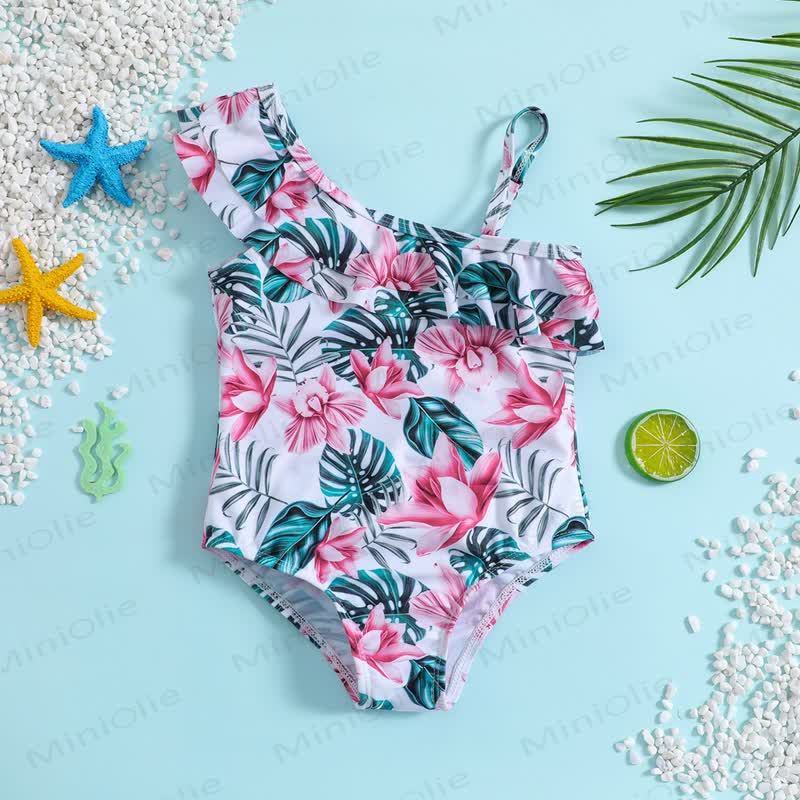 Costume da bagno monospalla con volant e tema tropicale per bambina - Bianco - 6-7T - image 1