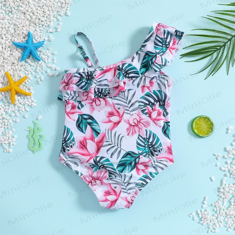Costume da bagno monospalla con volant e tema tropicale per bambina - image 2