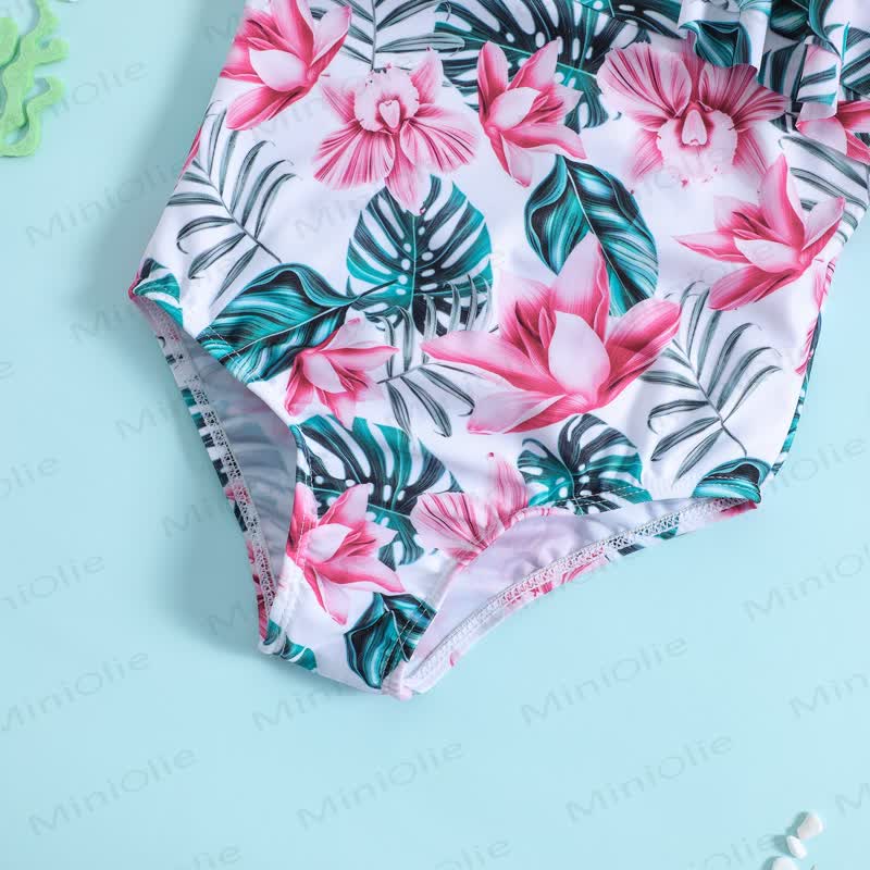 Costume da bagno monospalla con volant e tema tropicale per bambina - image 3
