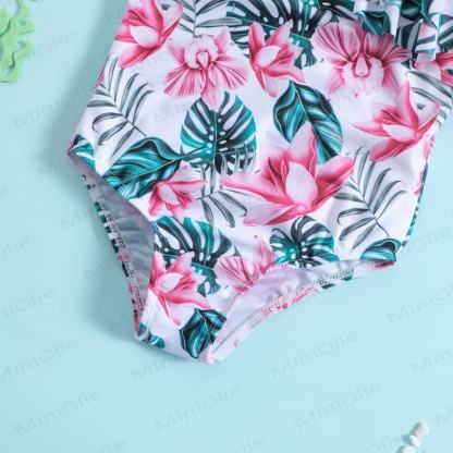 Costume da bagno monospalla con volant e tema tropicale per bambina - image 3