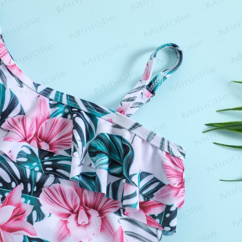 Costume da bagno monospalla con volant e tema tropicale per bambina - image 4
