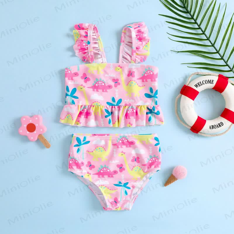 Completo bikini a due pezzi per bambina, rosa, con stampa dinosauri e volant. - Rosa - 6-7T - image 1
