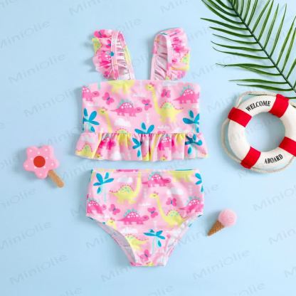 Completo bikini a due pezzi per bambina, rosa, con stampa dinosauri e volant. - Rosa - 6-7T - image 1