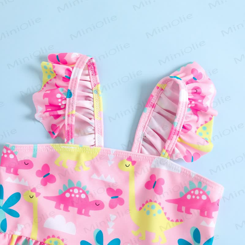 Completo bikini a due pezzi per bambina, rosa, con stampa dinosauri e volant. - image 2