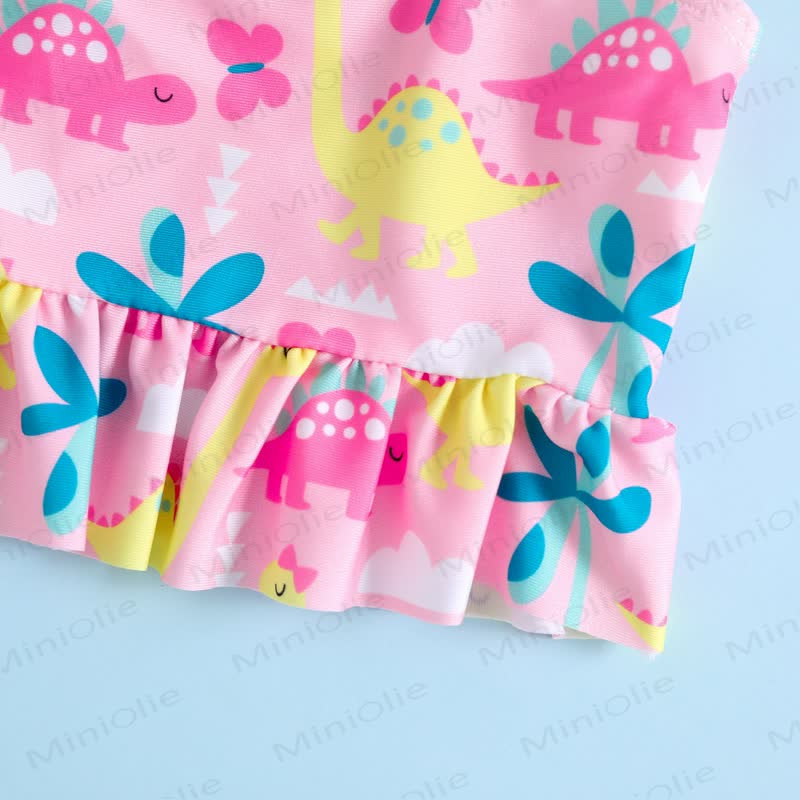 Completo bikini a due pezzi per bambina, rosa, con stampa dinosauri e volant. - image 3