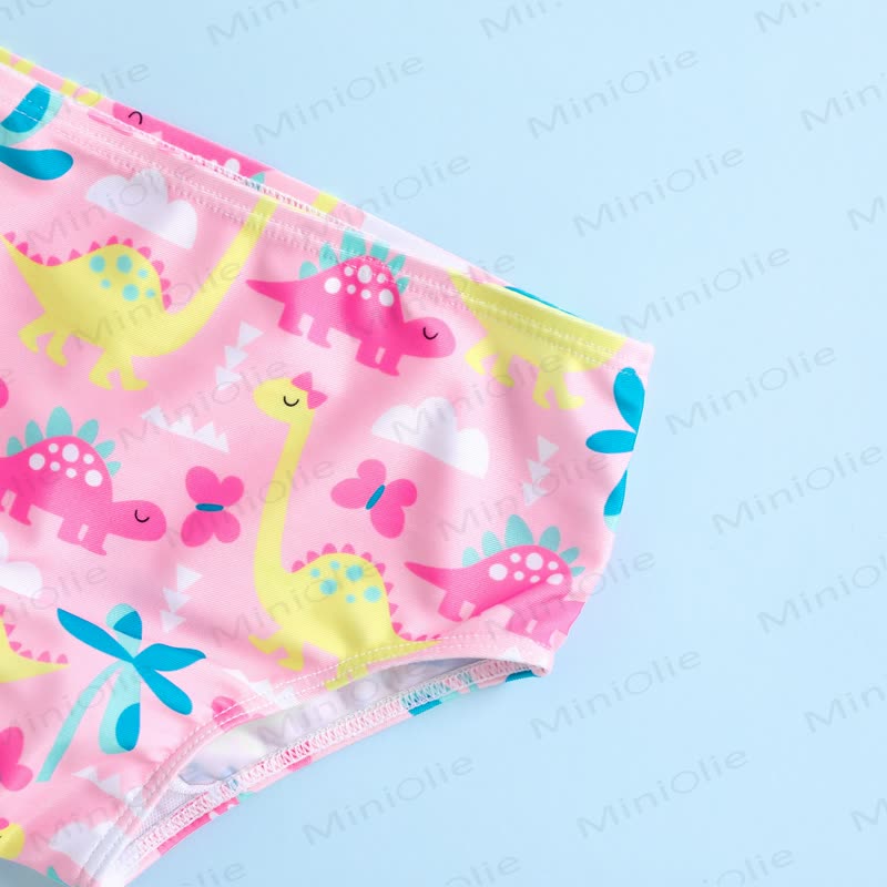 Completo bikini a due pezzi per bambina, rosa, con stampa dinosauri e volant. - image 4