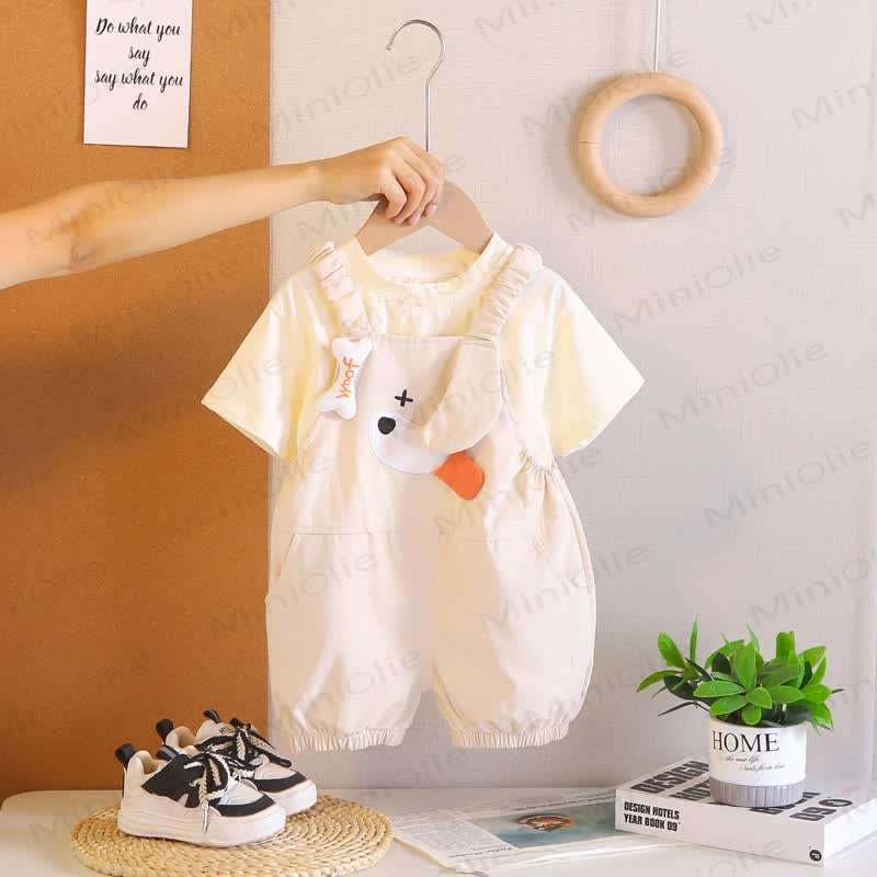 Completo da bambina composto da salopette con volant e maglietta con stampa di paperelle. - Beige - 4-5T - image 4