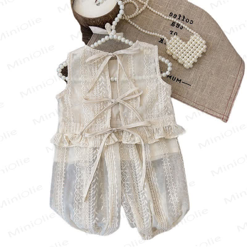 Completo da bambina composto da canotta con fiocco in pizzo e pantaloni. - image 3