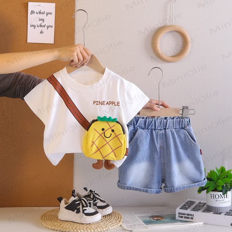 Completo da bambino composto da maglietta con stampa di cartoni animati e pantaloncini di jeans. - Bianco - 4-5T - image 2