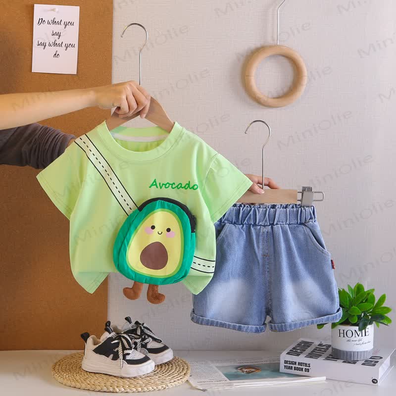 Completo da bambino composto da maglietta con stampa di cartoni animati e pantaloncini di jeans. - Verde - 4-5T - image 3