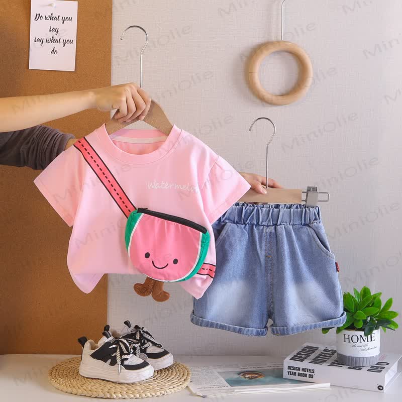 Completo da bambino composto da maglietta con stampa di cartoni animati e pantaloncini di jeans. - Rosa - 4-5T - image 4
