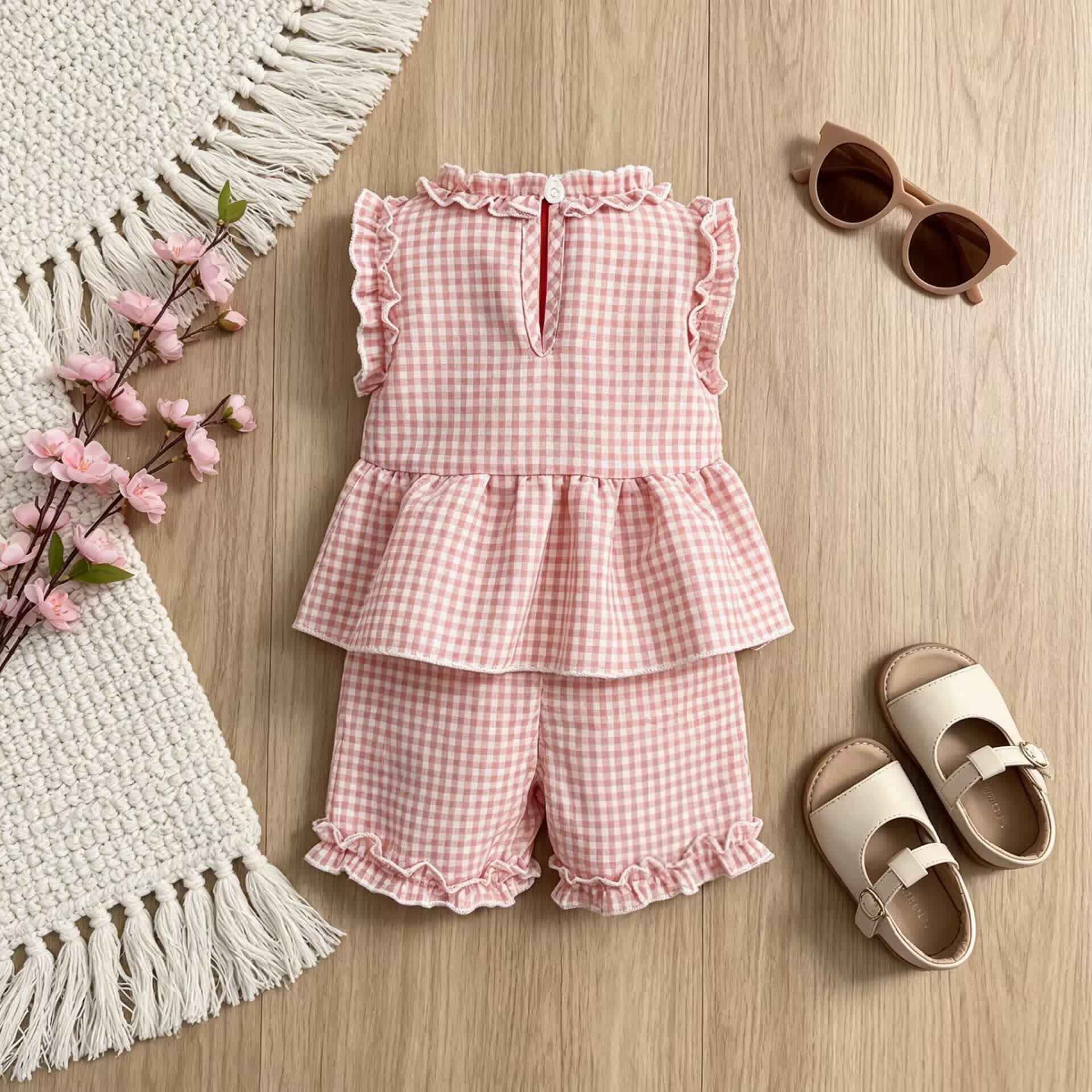 Completo senza maniche a quadretti rosa per bambina - image 2