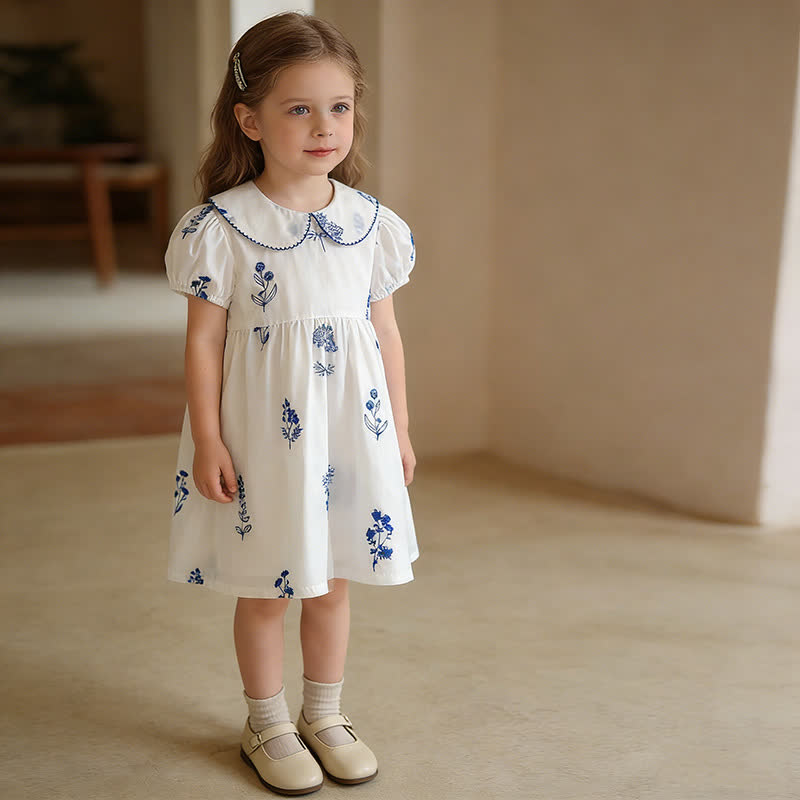 Vestito bianco a fiori per bambina con colletto Peter Pan - image 1