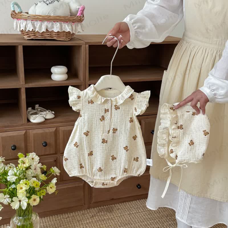 Body in garza con orsetto e stampa floreale, completo di cappellino. - Beige - 18-24 mesi - image 1