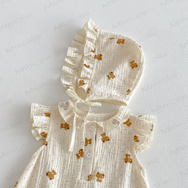Body in garza con orsetto e stampa floreale, completo di cappellino. - image 6
