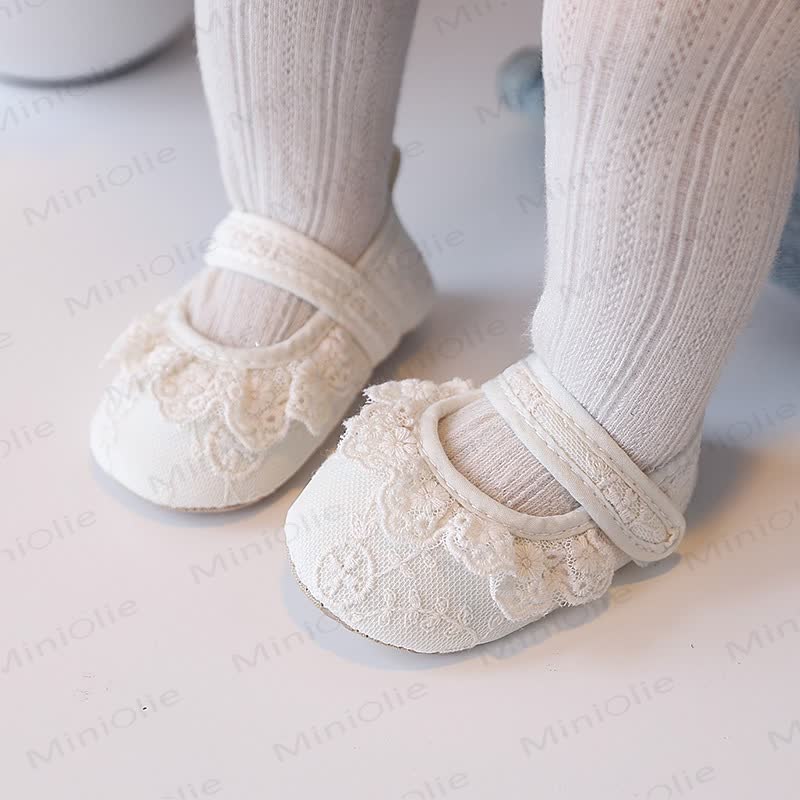 Scarpine da bambina in cotone con lacci ricamati - Beige - 10-13M - image 1