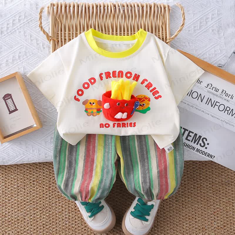 Completo da 2 pezzi per bambini con maglietta e pantaloni harem con stampa di patatine fritte. - Bianco - 4-5T - image 1