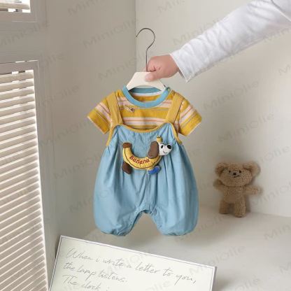 Completo da 2 pezzi Baby Banana Puppy Collection con salopette e maglietta a righe. - Blu - 3-4 anni - image 1