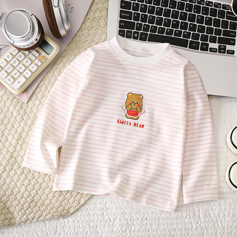 T-shirt in cotone a maniche raglan/a righe con stampa a cartoni animati per neonati e bambini piccoli - Orso a strisce rosa - 6-7T - image 8