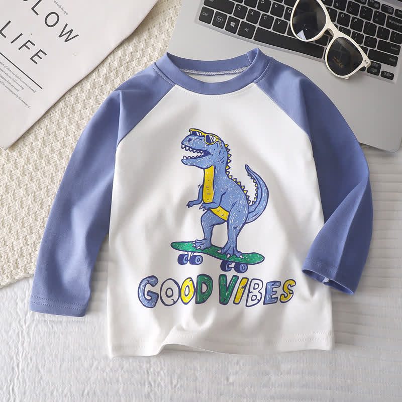 T-shirt in cotone a maniche raglan/a righe con stampa a cartoni animati per neonati e bambini piccoli - Dinosauro Blu - 6-7T - image 9
