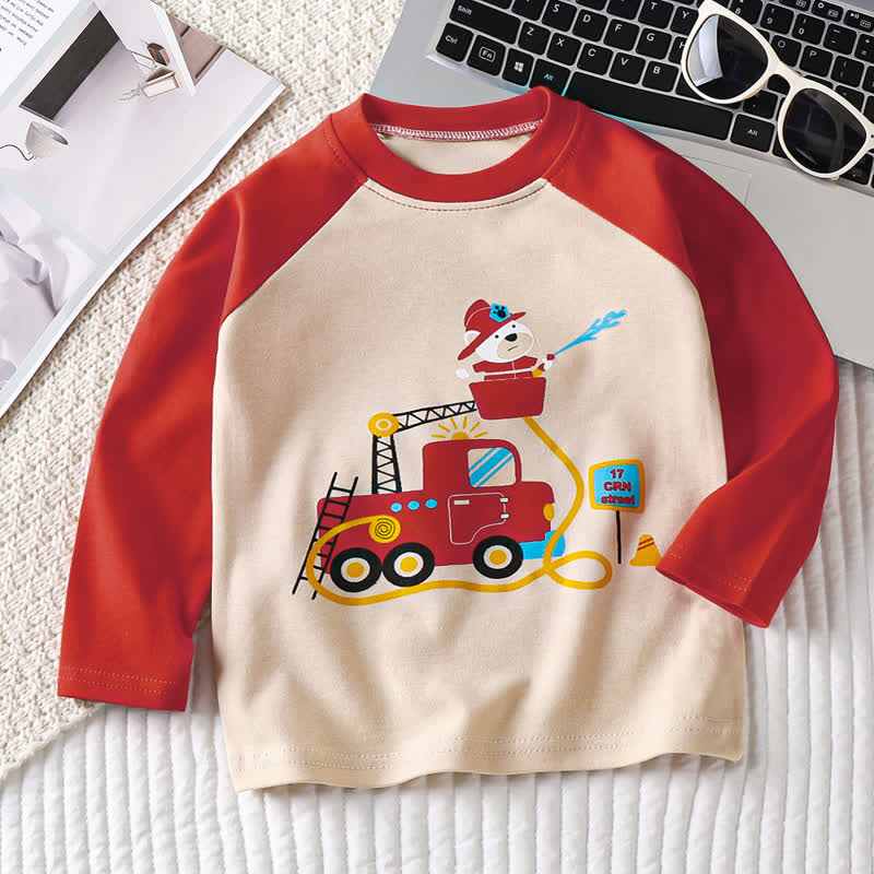 T-shirt in cotone a maniche raglan/a righe con stampa a cartoni animati per neonati e bambini piccoli - Camion dei pompieri rosso - 6-7T - image 14