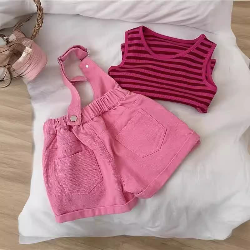 Completo senza maniche in maglia a righe di denim per bambina - image 2