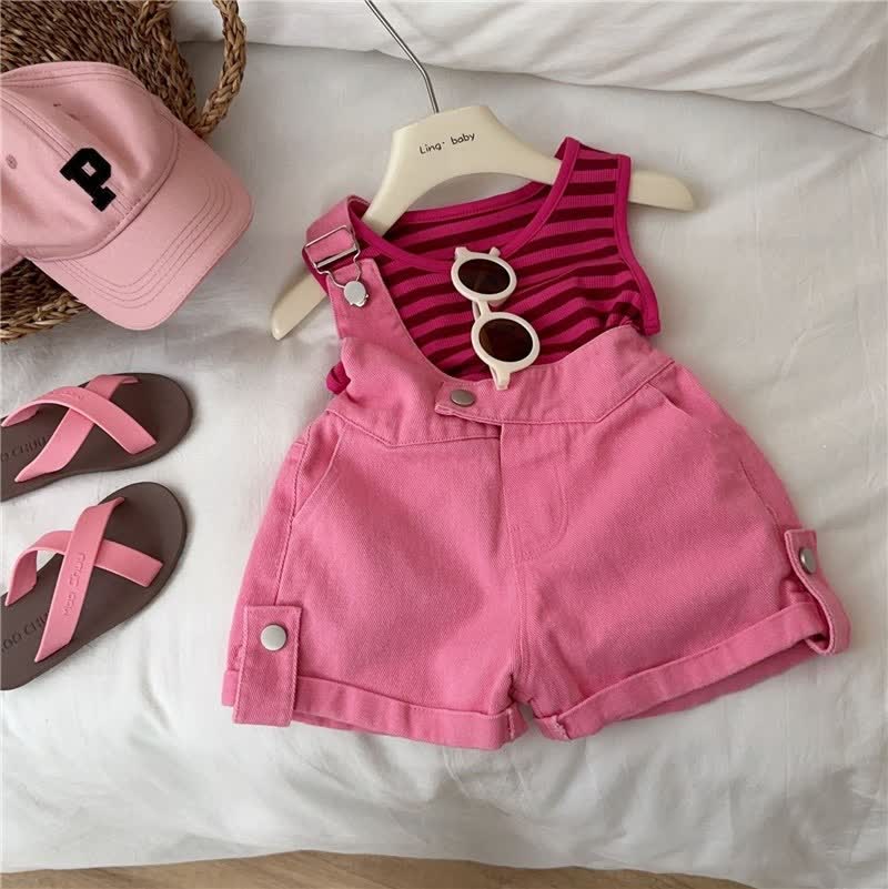 Completo senza maniche in maglia a righe di denim per bambina - Rosa - 8-9T - image 1