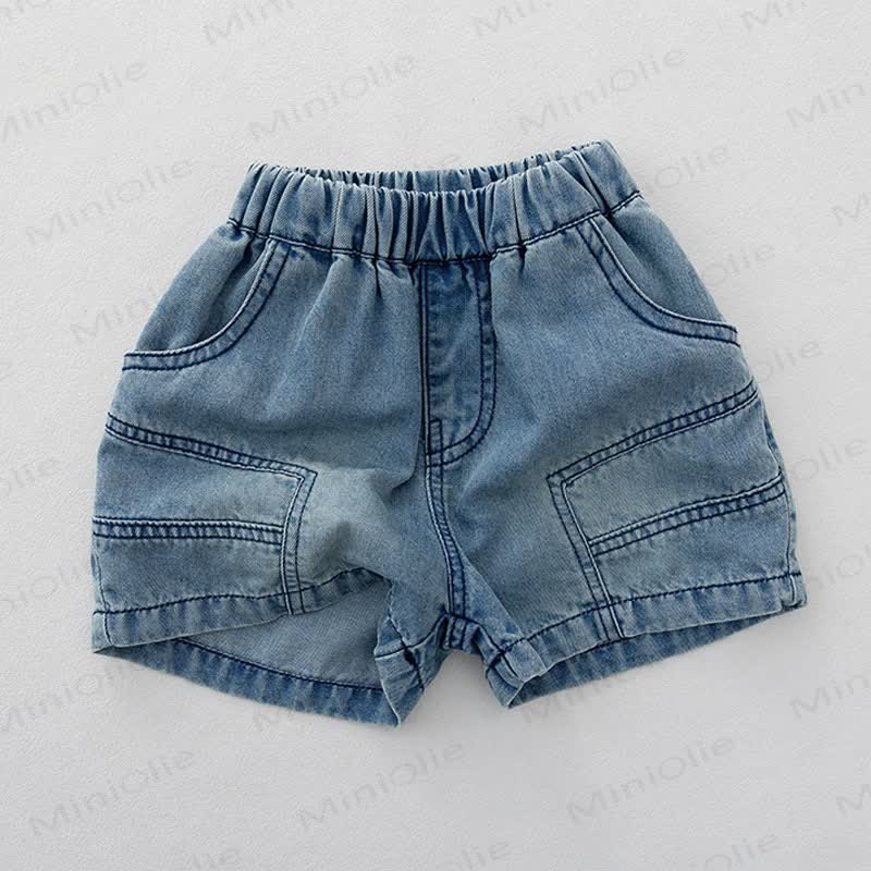 Pantaloncini in denim blu tinta unita per bambini - Blu - 6-7T - image 2
