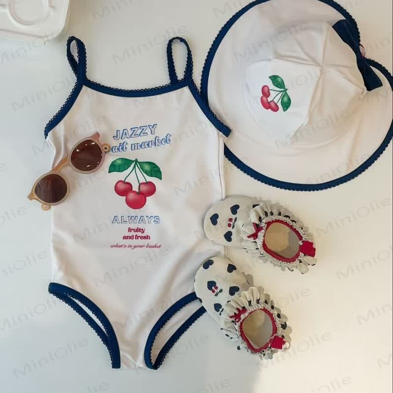 Costume da bagno a triangolo con stampa di ciliegie per bambine. - Bianco - 8-9T - image 2