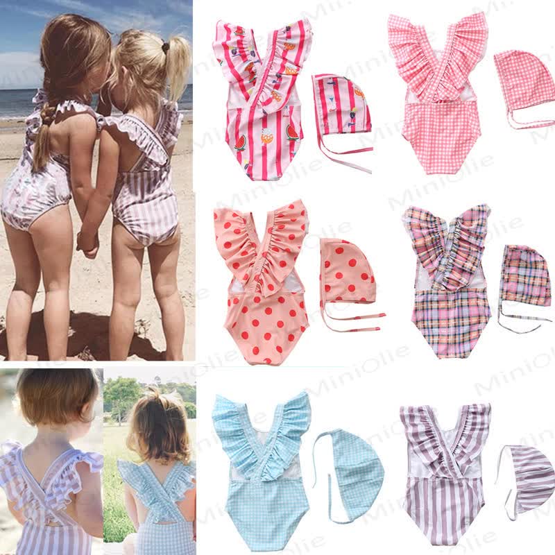Costume da bagno per bambina a righe, quadri, stampa frutta e pois - image 1