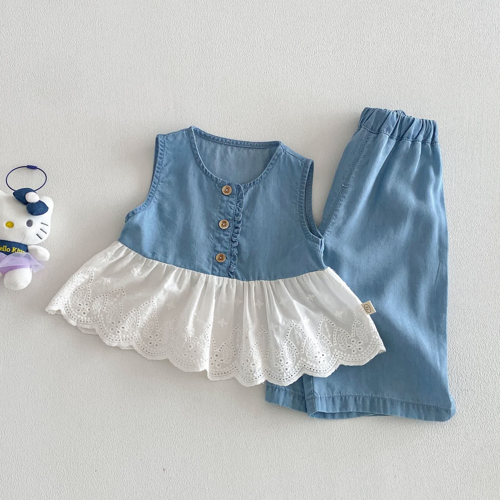 Completo senza maniche in denim per bambina - Blu - 4-5T - image 1