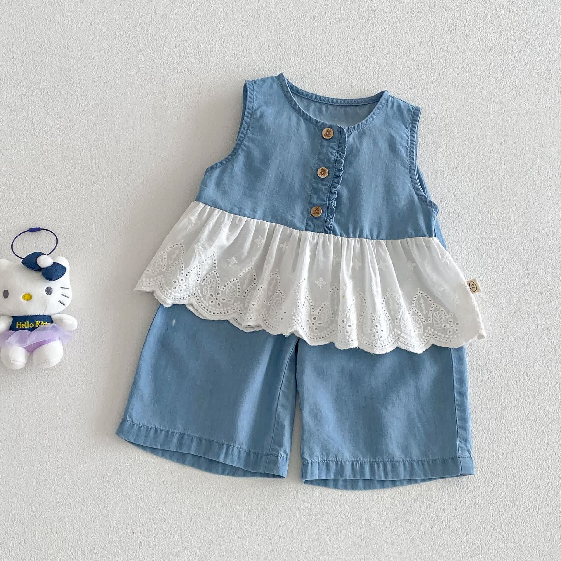 Completo senza maniche in denim per bambina - image 2