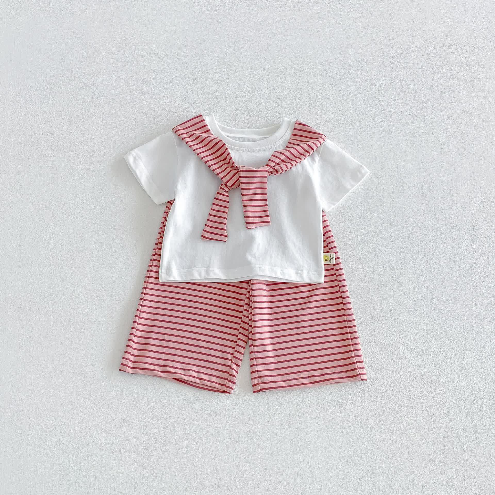 Completo a maniche corte a righe per neonati e bambini piccoli - Bianco - 3-4 anni - image 2