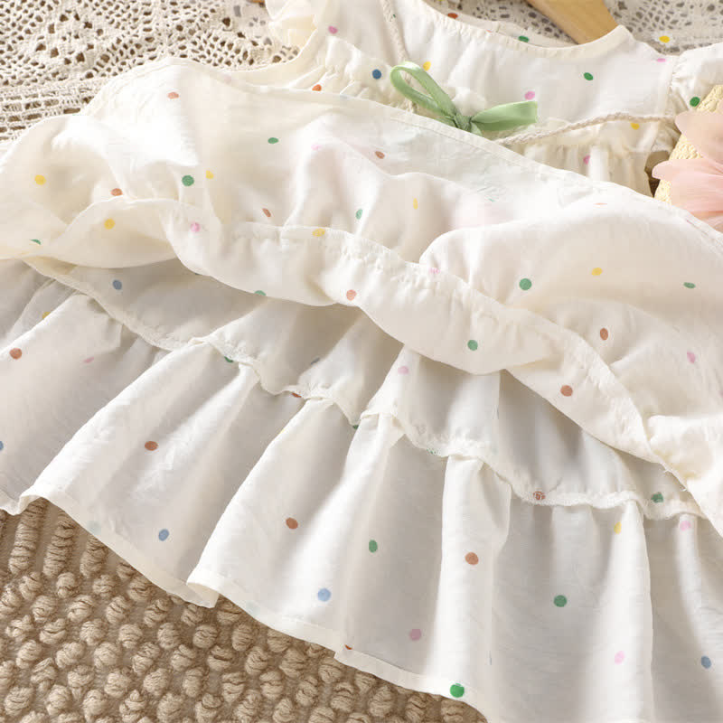 Vestitino senza maniche bianco a pois con motivo a tulipani per bambina, con borsetta inclusa. - image 8