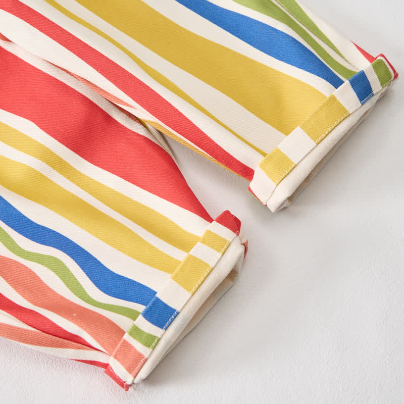 Salopette per neonati e bambini piccoli a righe colorate, beige, con tasche. - image 5