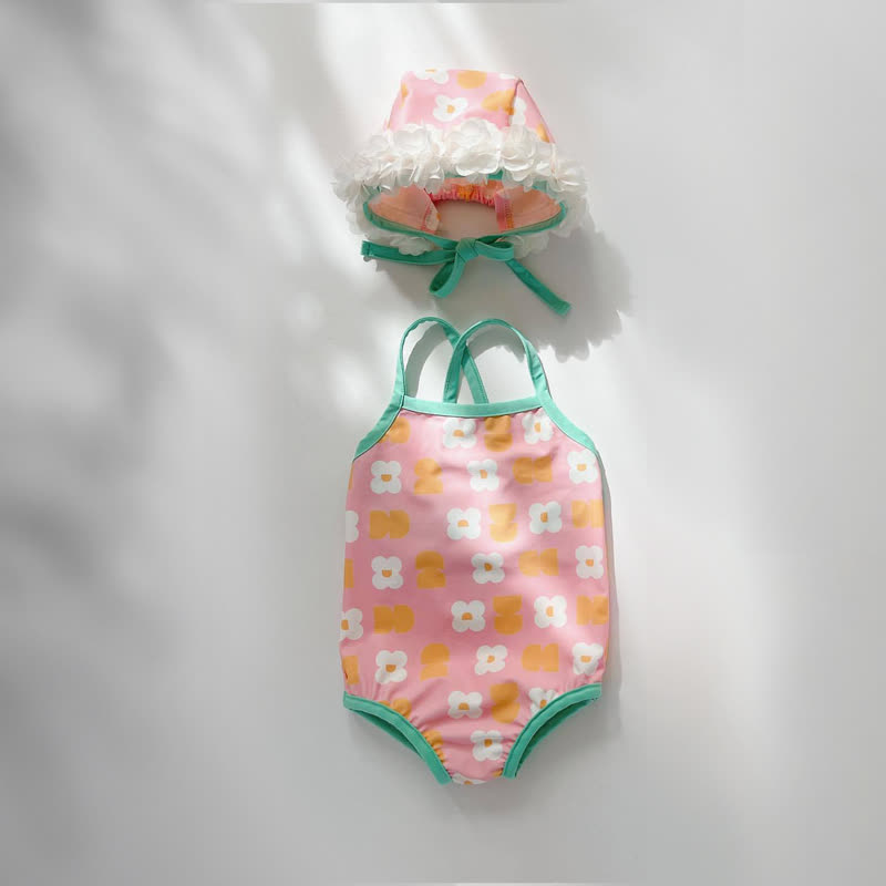 Costume da bagno intero per bambina con stampa floreale o due pezzi con arricciatura, completo di cuffia da nuoto. - Costume intero rosa - 2-3T - image 2