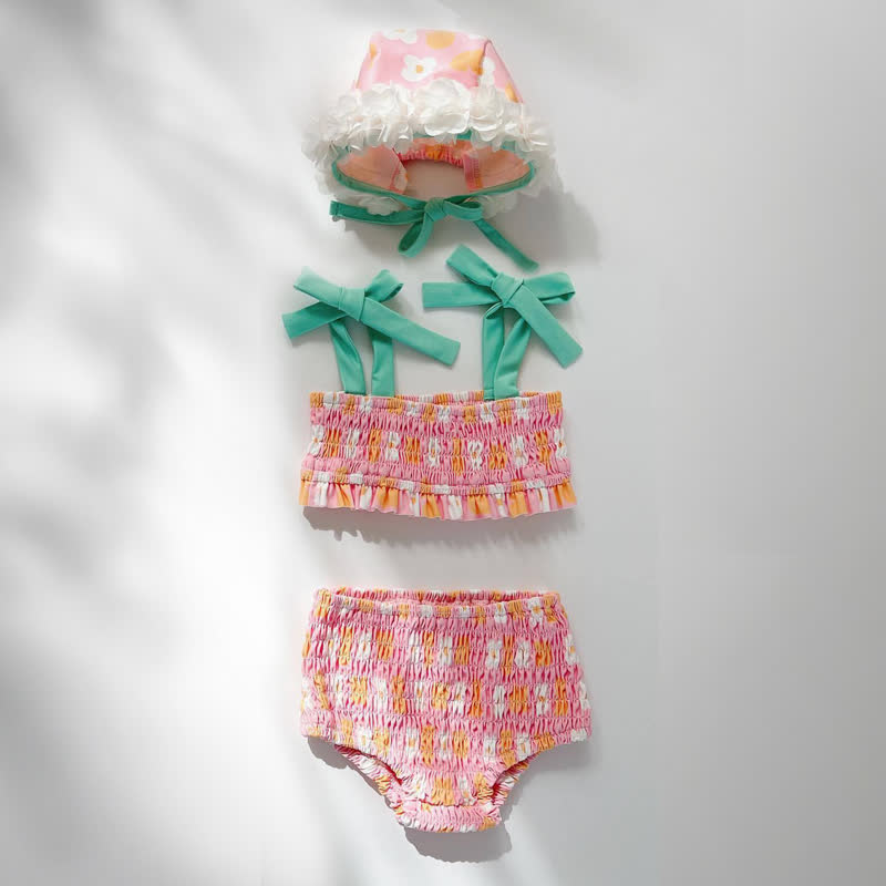 Costume da bagno intero per bambina con stampa floreale o due pezzi con arricciatura, completo di cuffia da nuoto. - Completo rosa a due pezzi - 2-3T - image 3