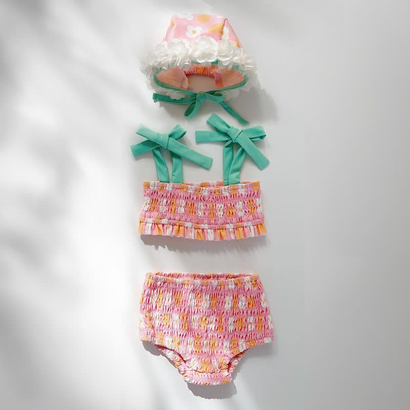 Costume da bagno intero per bambina con stampa floreale o due pezzi con arricciatura, completo di cuffia da nuoto. - Completo rosa a due pezzi - 2-3T - image 3