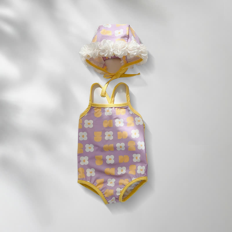Costume da bagno intero per bambina con stampa floreale o due pezzi con arricciatura, completo di cuffia da nuoto. - Costume intero viola - 2-3T - image 4