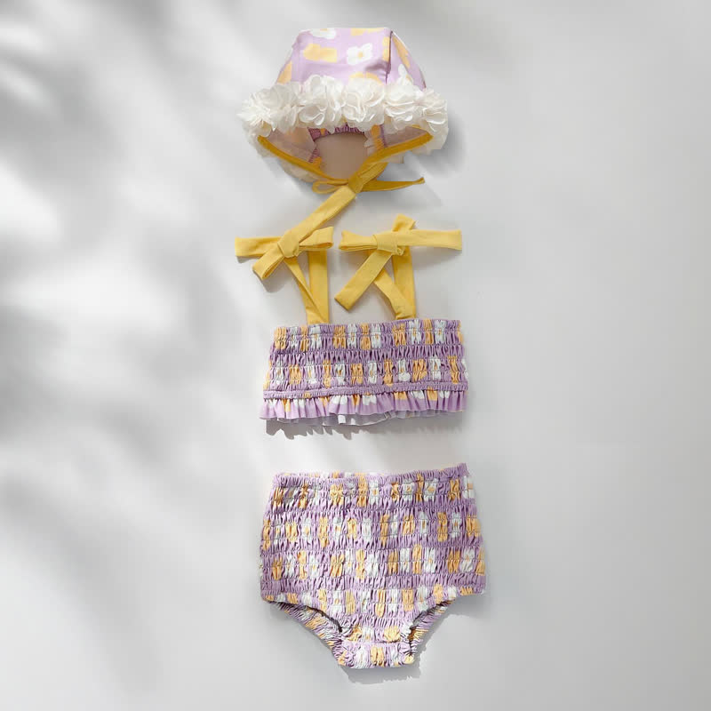 Costume da bagno intero per bambina con stampa floreale o due pezzi con arricciatura, completo di cuffia da nuoto. - Completo viola a due pezzi - 2-3T - image 5