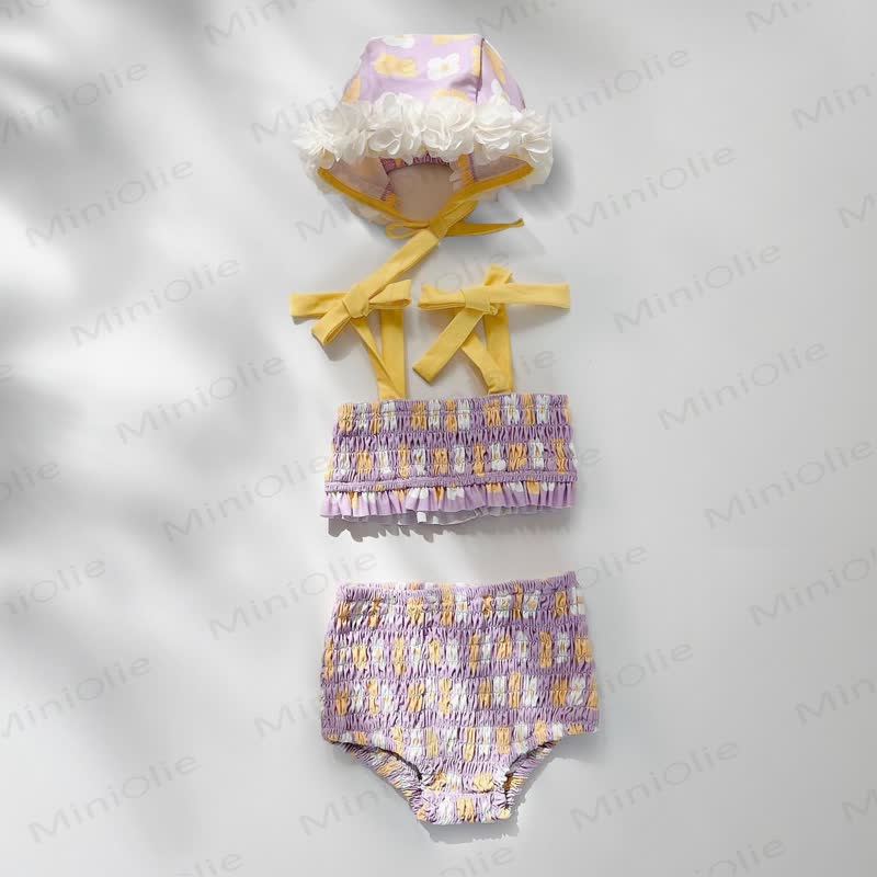 Costume da bagno intero per bambina con stampa floreale o due pezzi con arricciatura, completo di cuffia da nuoto. - Completo viola a due pezzi - 2-3T - image 5
