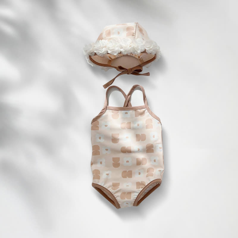 Costume da bagno intero per bambina con stampa floreale o due pezzi con arricciatura, completo di cuffia da nuoto. - Costume intero beige - 2-3T - image 6
